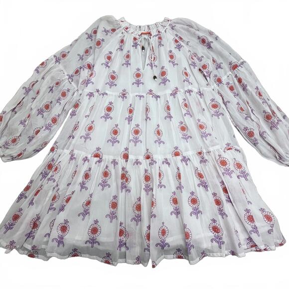 Oliphant Tuckernuck Boho Floral Peasant Mini Dress Balloon Sleeve White XL - Picture 2 of 9